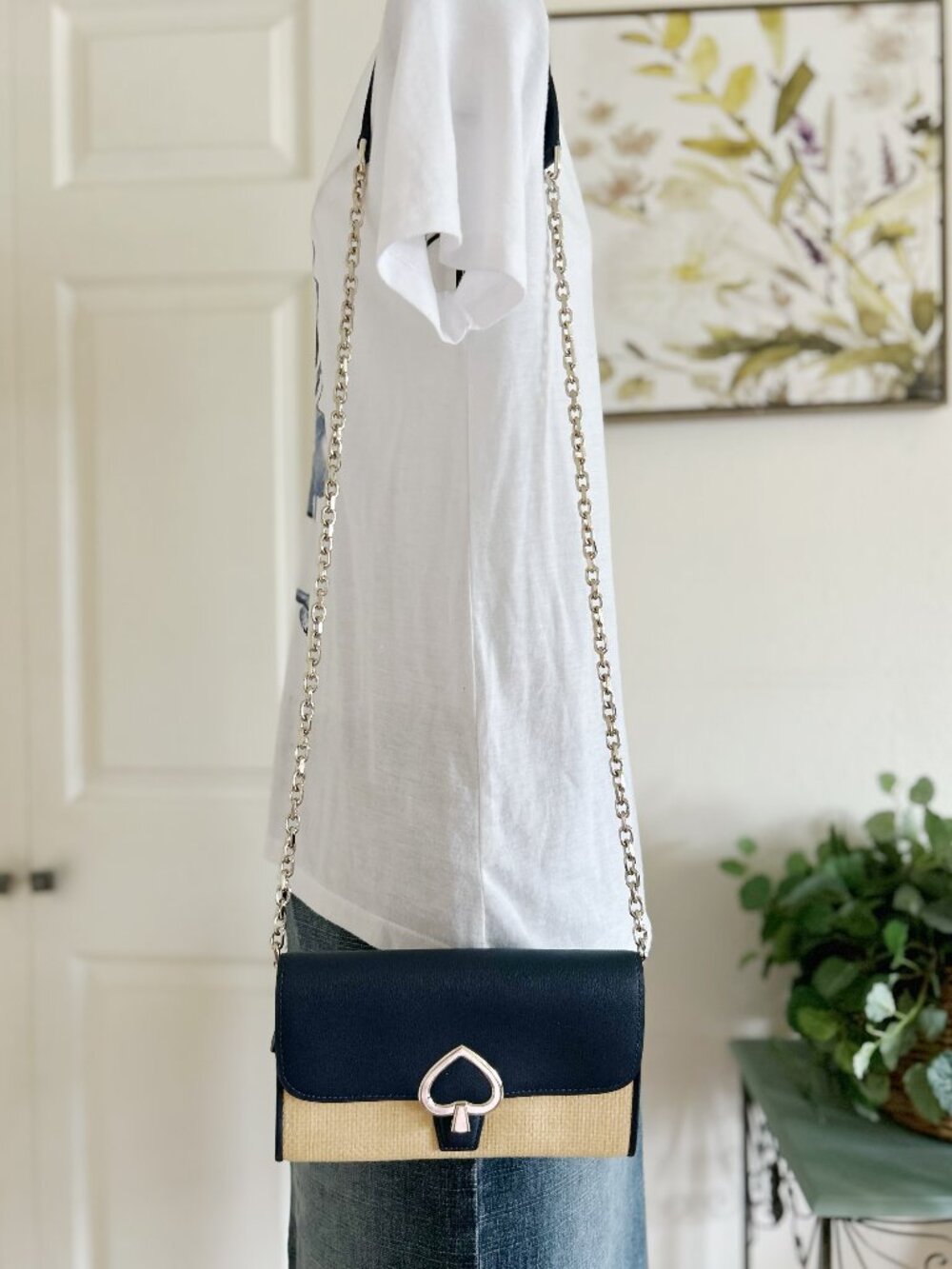 kate spade navy and natural colorblock crossbody with gold chain and spade clasp
